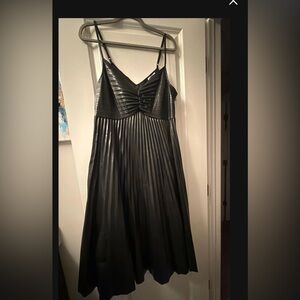 Elegant Faux Leather Black Pleated Dress